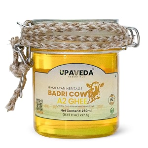 upaveda desi badri cow pure a2 ghee from uttrakhand  process through ancient vedic method 100 bilona churned premium cultured ghee 100 pure and natural highly nutritious 250ml glass jar