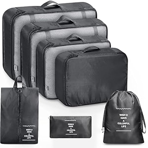 lyrovo updated 7pcs travel packing cubes for clothes laundry toiletry cosmetics luggage makeup pouch accessories organizer bag black
