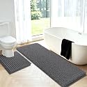 Upgrade Luxury 2 Piece Dark Gray Toilet Bathroom Rug Mat U Shape 24"x20"+48"x20", Ultra Soft Thick Absorbent Bath Mats, Non Slip Chenille Toilet Mat for Bathroom, Bedroom, Kitchen, Shower, Tub