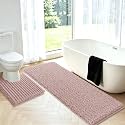 Upgrade Luxury 2 Piece Dusty Pink Toilet Bathroom Rug Mat U Shape 24"x20"+48"x20", Ultra Soft Thick Absorbent Bath Mats, Non Slip Chenille Toilet Mat for Bathroom, Bedroom, Kitchen, Shower, Tub