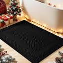 Upgrade Waffle Bath Mat, Boho Bathroom Rugs Absorbent Non Slip, Ultra Soft Bathroom Mat, Machine Washable Knit Bath Rugs with Tassels for Bathroom, Bedroom, Kitchen, Shower, Tub, Black, 32"x20"