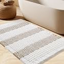 Upgrade Waffle Bath Mat, Boho Bathroom Rugs Absorbent Non Slip, Ultra Soft Bathroom Mat, Machine Washable Knit Bath Rugs with Stripe for Bathroom, Bedroom, Kitchen, Shower,Tub, 24"x17", Beige &amp; White