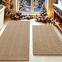 Upgrade Waffle Bath Mat Set 2 Piece, Boho Bathroom Rugs Absorbent Non Slip, Soft Bathroom Mats, Machine Washable Knit Bath Rugs with Herringbones for Bathroom, Bedroom, Kitchen, Shower, Tub, Beige