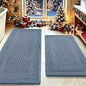 Upgrade Waffle Bath Mat Set 2 Piece, Boho Bathroom Rugs Absorbent Non Slip, Ultra Soft Bathroom Mat, Machine Washable Knit Bath Rugs with Tassels for Bathroom, Bedroom, Kitchen, Shower, Tub, Blue