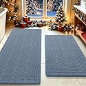 Upgrade Waffle Bath Mat Set 2 Piece, Boho Bathroom Rugs Absorbent Non Slip, Ultra Soft Bathroom Mat, Machine Washable Knit Bath Rugs with Herringbones for Bathroom,Bedroom,Kitchen, Shower, Tub, Blue