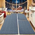 Upgrade Waffle Bath Mat Set 3 Piece, Boho Bathroom Rugs Absorbent Non Slip, Soft Bathroom Mats, Machine Washable Knit Bath Rugs with Herringbones for Bathroom, Bedroom, Kitchen, Shower, Tub, Blue