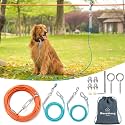 Upgraded Dog Runner for Yard, Heavy Duty Dog Trolley System with 10ft &amp; 15ft Tie Out Cable (Orange+Aqua, 50ft Runner line+(10ft &amp;15ft) tie Out Cable)