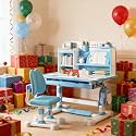 Upgraded Kids Desk and Chair Set,50 Degree Tiltable&Height Adjustable Ergonomic Study Table with Posture Corrector & Dual Back Support, 3-18 Years Adjustable Children's Desk Set with Storage (Blue)