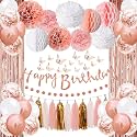 Upgraded Rose Gold Pink Party Decorations with Happy Birthday Banner, Curtains, Butterfly Wall, Circle Dots Garland, Tissue Pompoms, Paper Tassels Garland for Women's Party Decorations