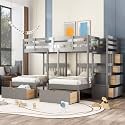 VilroCaz Upgraded Version Full Over Twin &amp; Twin Bunk Bed, Solid Wood Triple Bunk Bed with Storage Drawers and Staircase, Strong Sturdy Bunk Bed Frame with Guardrails for Kids Teens Aldults (Gray-U)