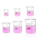 Upgrated 6 Size Low Form Glass Beaker Set, 25ml 50ml 100ml 250ml 500ml 1000ml, 3.3 Boro Glass beakers with Printed Graduation, LVA019