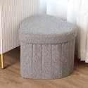 Upholstered Ottoman with Storage,Heart Shaped Foot Stool Collapsible Footrest for Living Room Bedroom,Fluffy Plush Padded Seat Soft Ottoman Box with Lid (Grey)