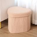 Upholstered Ottoman with Storage,Heart Shaped Foot Stool Collapsible Footrest for Living Room Bedroom,Fluffy Plush Padded Seat Soft Ottoman Box with Lid (Khaki)