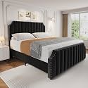 coucheta Velvet Upholstered Bed Frame with Tall Headboard & Footboard