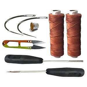 upholstery leather nylon thread thick 060 mm 2 ply hi tenacity nylon colour black and light brown 1 spool 100 mtr pack of 2 spool 1 hand stitching tool combo pack 2 pcs rust