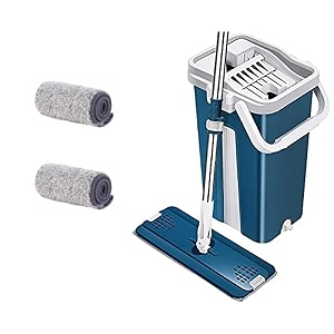 blue hands-free squeeze microfiber flat spin small mop cleaning system 360 flexible head 32 x 12 cm dry wet reusable dust small mops total 2 pads amp handle 39 cm x 23 cm x 122 cm