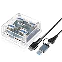 USB C Hub 4 Ports USB3.0 Transparent Desktop &amp; Laptop Hub with Blue Indicator Light &amp; Dual Port Power Supply with 50cm(0.5 M) Cable(Square)