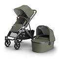 UPPAbaby Vista V3 Stroller + Bassinet V3 - Convertible Single-to-Double Stroller System- Bassinet, Toddler Seat, Bug Shield, Rain Shield Included - Evelyn (Meadow Green/Graphite Frame/Chestnut)