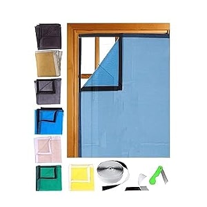 ur little shop 59 x 47 inch_5 x 4 ft_150 x 120 cm_stitched fiber glass mosquito net for windows_200 gsm_blue color_ready to install handy mesh with self adhesive hook tape and cutter dhpmcr12