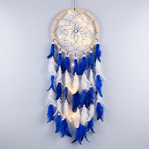 the urban artistic handcrafted wood dream catcher with led light - large 7 inch rustic boho wall hanging bedroom living room decor blue