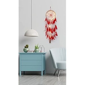 the urban artistic wood dream catcher with led light - large 7 inch boho wall hanging ornament bedroom living room decor positive energy showpiece red