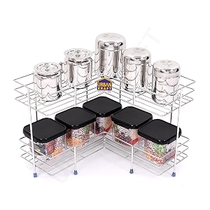 urban kraft stainless steel 2 tier l-shape kitchen corner rack - double layer multipurpose kitchen storage rack- heavy guage mirror polished bathroom stand free standing tiered shelf