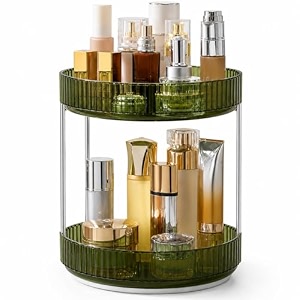 urban luxy 360 rotating vanity organizer  makeup organizer for cosmetics skincare perfume amp lipsticks  clear countertop dressing table storage rack  vintage green 2 tier