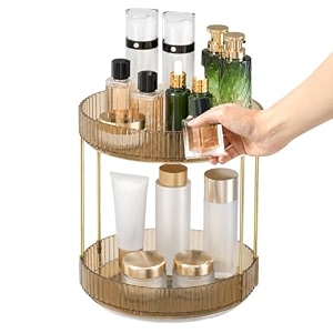urban luxy 360 rotating vanity organizer  makeup organizer for cosmetics skincare perfume amp lipsticks  clear countertop dressing table storage rack  amber gold 2 tier