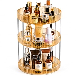 urban luxy 360 rotating vanity organizer  makeup organizer for cosmetics skincare perfume amp lipsticks  clear countertop dressing table storage rack  amber gold 3 tier