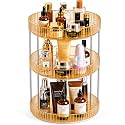 URBAN LUXY 360° Rotating Vanity Organizer | Makeup Organizer for Cosmetics, Skincare, Perfume &amp; Lipsticks | Clear Countertop Dressing Table Storage Rack | Amber Gold, 3 Tier