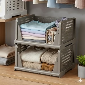 urban luxy storage organizer  wardrobe organizer for clothes  cupboard organizer  foldable shirt stacker box  cloth box for almirah  closet storage basket grey 2pcs