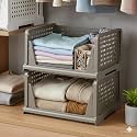 URBAN LUXY Storage Organizer | Wardrobe Organizer for Clothes | Cupboard Organizer | Foldable Shirt Stacker Box | Cloth Box for Almirah | Closet Storage Basket (Grey, 2PCS)