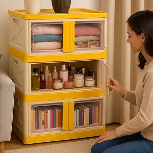 urban luxy foldable storage binmultipurpose book amp clothes organizerstackable cupboard for bedroomliving room amp officecollapsible wardrobe for shoesbooksbookshelfstorage bin-2door orange2pcs