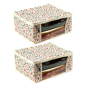 urban utopia saree cover  non-woven saree packing cover  saree covers for wardrobe storage  leaf print saree cover  pack of 2  cream