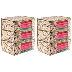 urban utopia saree cover  non-woven saree packing cover  saree covers for wardrobe storage  leaf print saree cover  pack of 6  cream