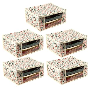 urban utopia saree cover  non-woven saree packing cover  saree covers for wardrobe storage  leaf print saree cover  pack of 5  cream