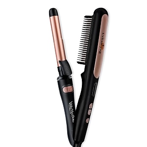 urban yog makemeebold rotating hair curling iron amp hair straightening brush combo  145 temp settings ceramic barrel amp plates two-way rotation auto shut-off 360 swivel travel-ready