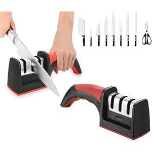 knife sharpener tool 3 in 1 kitchen tool sharpener with easy grip handle and non slip rubber base 3 stage sharpening for ceramic knives fruit slicing chef39s knife bone cleaver and scissors