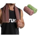 UrbanLeaf 2 Pcs Self Stripe Microfiber Gym Towels, Hand Towels, Lightweight Sports &amp; Workout Towels for Gym, Running, Yoga, Travel &amp; Fitness, Quick-Dry Workout &amp; Yoga Towels, 40x60 cm (Green &amp; Brown)