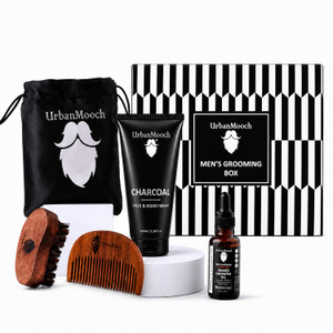 urbanmooch 4 in 1 beard care kit  beard oil charcoal face  beard wash beard brush  wooden beard comb for men  daily care of beard 4 items in the set