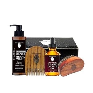urbanmooch 4 in 1 beard care kit for men  charcoal face amp beard wash onion beard oil boar bristle beard brush amp wooden beard comb  daily care of beard  anniversary birthday valentine gift for boyfriend husband
