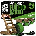 US Cargo Control Flat Hook Ratchet Straps 4” x 40’ (4-Pack), 5,400 LBS Working Load Limit, Green 4 Inch Ratchet Straps with Black Flat Hooks, Professional 4 Inch Straps for Flatbed Trailers