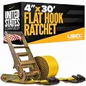 US Cargo Control Flat Hook Ratchet Strap 4” x 30’, 5,400 LBS Working Load Limit, Yellow 4 Inch Ratchet Strap with Black Flat Hook, Professional 4 Inch Strap for Flatbed Trailers