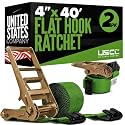 US Cargo Control Flat Hook Ratchet Straps 4” x 40’ (2-Pack), 5,400 LBS Working Load Limit, Green 4 Inch Ratchet Straps with Black Flat Hooks, Professional 4 Inch Straps for Flatbed Trailers