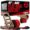 US Cargo Control Flat Hook Ratchet Straps 4” x 40’ (2-Pack), 5,400 LBS Working Load Limit, Red 4 Inch Ratchet Straps with Black Flat Hooks, Professional 4 Inch Straps for Flatbed Trailers