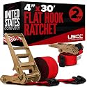 US Cargo Control Flat Hook Ratchet Straps 4” x 30’ (2-Pack), 5,400 LBS Working Load Limit, Red 4 Inch Ratchet Straps with Black Flat Hooks, Professional 4 Inch Straps for Flatbed Trailers