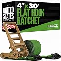 US Cargo Control Flat Hook Ratchet Strap 4” x 30’, 5,400 LBS Working Load Limit, Green 4 Inch Ratchet Strap with Black Flat Hook, Professional 4 Inch Strap for Flatbed Trailers