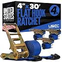 US Cargo Control Flat Hook Ratchet Straps 4” x 30’ (4-Pack), 5,400 LBS Working Load Limit, Blue 4 Inch Ratchet Straps with Black Flat Hooks, Professional 4 Inch Straps for Flatbed Trailers