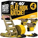 US Cargo Control Flat Hook Ratchet Straps 4” x 40’ (4-Pack), 5,400 LBS Working Load Limit, Yellow 4 Inch Ratchet Straps with Black Flat Hooks, Professional 4 Inch Straps for Flatbed Trailers