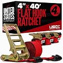 US Cargo Control Flat Hook Ratchet Straps 4” x 40’ (4-Pack), 5,400 LBS Working Load Limit, Red 4 Inch Ratchet Straps with Black Flat Hooks, Professional 4 Inch Straps for Flatbed Trailers